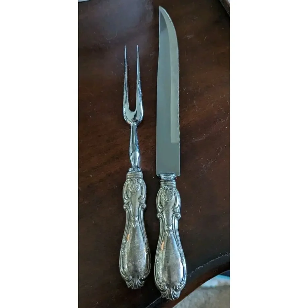 Sheffield French Provincial Sterling Silver Weighted Meat Carving Set Knife Fork